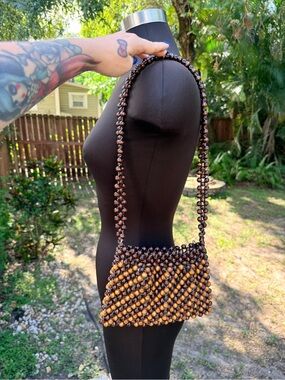90s 2000s Y2K Wooden Beaded Boho Shoulder Bag Purse